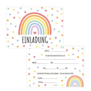 May include: A colorful rainbow invitation card with a polka dot background. The card has the word "EINLADUNG" printed on it, which is German for "invitation".