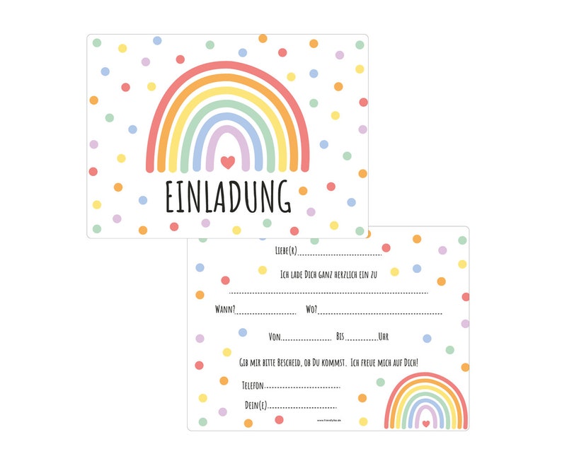 May include: A colorful rainbow invitation card with a polka dot background. The card has the word "EINLADUNG" printed on it, which is German for "invitation".