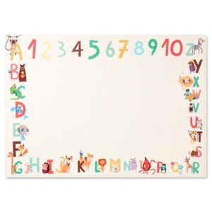 May include: A rectangular educational mat featuring a cream-colored background with a border of colorful letters from A to Z and numbers 1 through 10. Each letter is paired with a small, illustrated animal character, such as a monkey, bear, elephant, lion, and owl.
