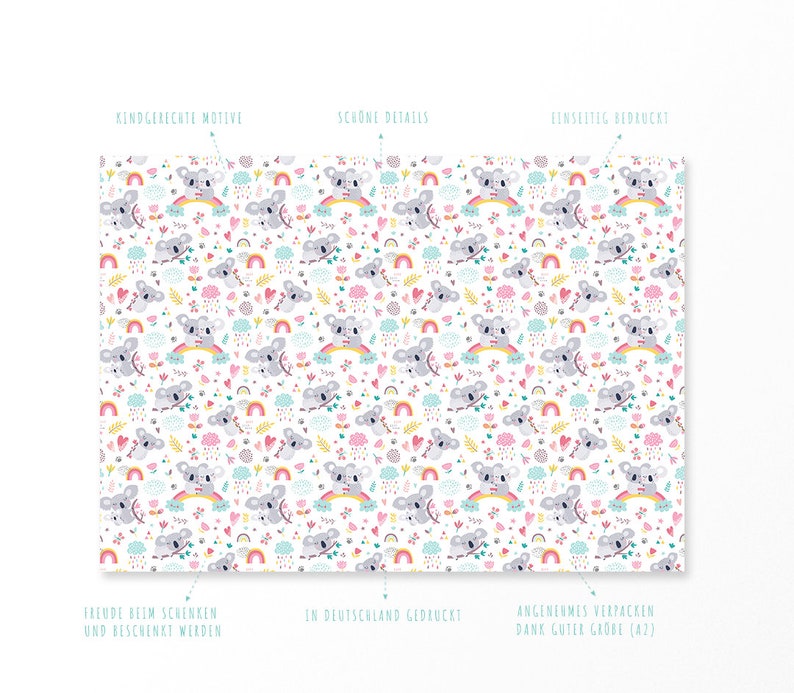 May include: A white background is covered with a repeating pattern of cartoon koalas, rainbows, hearts, and flowers. The koalas are gray and sitting on rainbows. The text in the image includes "KINDGERECUTE MOTIVE", "SCHONE DETAILS", and "LINSELTIG BEDRUCKT".