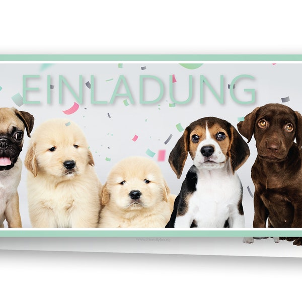 Friendly Fox Hunde Einladung, 12x Einladungskarten Kindergeburtstag Welpen, Geburtstagseinladung DIN Lang