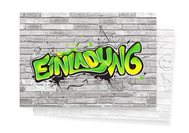 Friendly Fox Graffiti Einladung, 12x Graffiti Einladungskarten Kindergeburtstag Graffiti Art, Geburtstagseinladung Grün