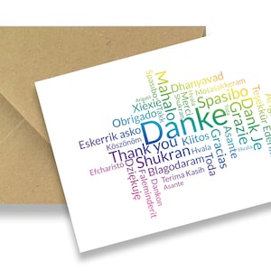 Friendly Fox Dankeskarten mehrsprachig, 12x Dankeschön Karten mit Word Cloud, A6 Postkarten mit Kraftpapier Umschlag