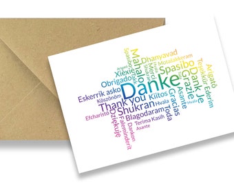 Friendly Fox Dankeskarten mehrsprachig, 12x Dankeschön Karten mit Word Cloud, A6 Postkarten mit Kraftpapier Umschlag