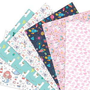 May include: A collection of patterned paper sheets with various designs. The patterns include llamas, koalas, mermaids, rockets, unicorns, and hearts. The color palette features teal, pink, navy, and white, creating a whimsical and playful aesthetic.