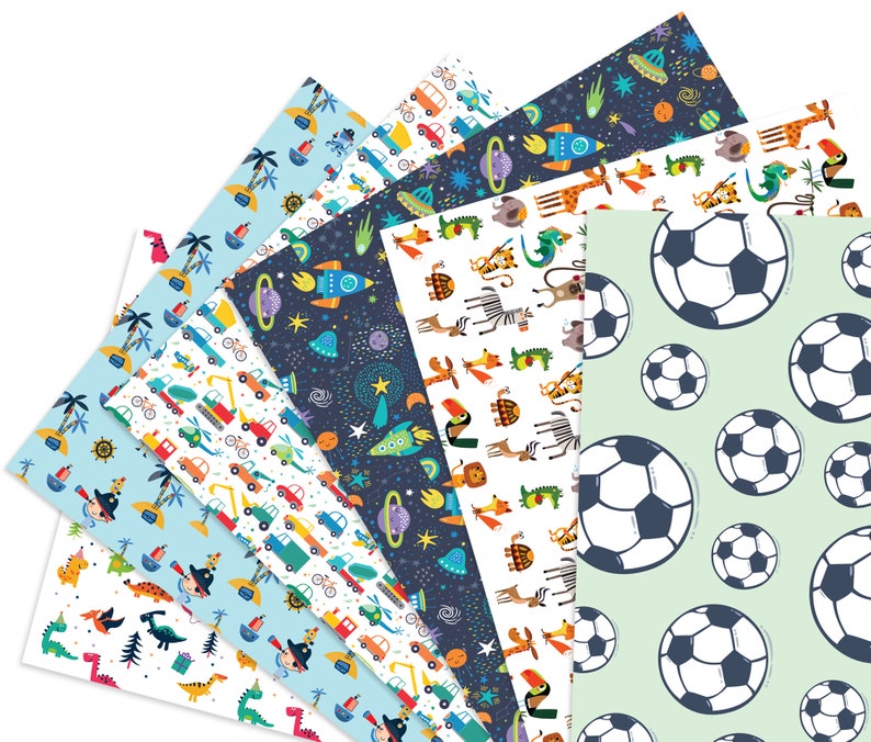 May include: A collection of patterned paper sheets with various designs. The patterns include soccer balls, dinosaurs, vehicles, space themes with rockets and planets, and animal prints. The color palette is bright and playful, featuring blues, greens, and oranges.