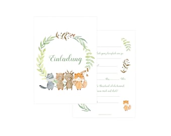 Friendly Fox Forest Animals Invitation, 12 Invitation Cards Children's Birthday Forest Animals, Boho Birthday Invitation
