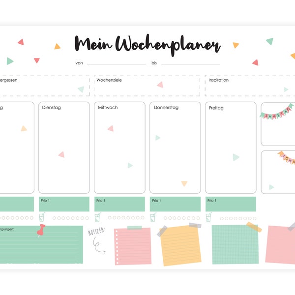 Desk pad paper A3 weekly planner, motif TRIANGLES, desk pad made of tear-off paper, 25 sheets with habit tracker drinking