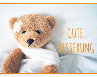 Gute Besserung Karte,  1x Genesungskarten für Kinder im Format A6, Klappkarte mit Umschlag, Aufmunterungskarte mit Teddy, gesund werden