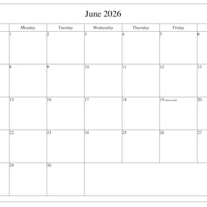 以下が含まれることがあります： 2026年6月のカレンダー。カレンダーのグリッドは白で、黒い線で区切られています。週の各曜日が上部に表示されています。月と年は上部に印刷されています。主な日付には、旗の日、ジューンティーンス、父の日、夏至が含まれます。