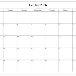 May include: A black and white monthly calendar page for October 2026. The grid features columns for Sunday through Saturday, with numbered days from 1 to 31. The text October 2026 is centered at the top, and the word Halloween is printed next to the 31.