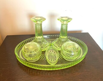 Uranium glass pressed glass decor. green glass Bagley Glass Rutland pattern 3078 pair of art deco candlestick holders depression glass