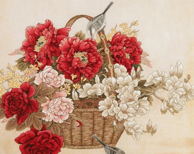 Featured listing image: Cross Stitch Kit, "Blossom Season", flowers in garden basket, birds, peony, contemporary Chinese art in classic style, counted cross stitch