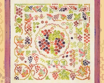 Cross Stitch Kit, "Grape Summer", OwlForest Embroidery, Summer Fruit collection, colorful grape sampler, grape vine, grape leaves, garden