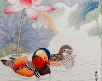 Counted Cross Stitch Kit, "Love Forever",  Xiu Crafts, Mandarin Ducks and Lotus, original watercolor art, water garden, wildlife, great gift