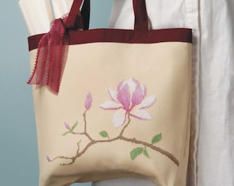 Cross Stitch Kit tote bag kit "Magnolia"  hand sewing project semi finished lined bag elegant unique eco shopping bag unique crafting gift