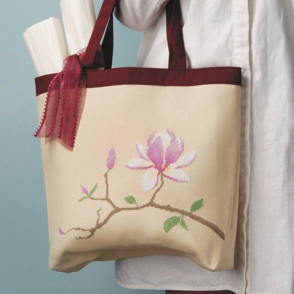 Cross Stitch Kit tote bag kit "Magnolia"  hand sewing project semi finished lined bag elegant unique eco shopping bag unique crafting gift