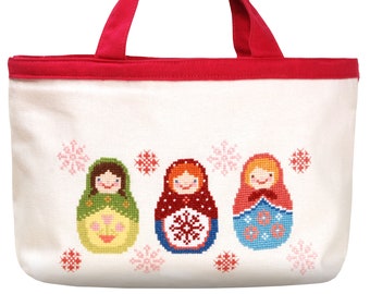 Counted Cross Stitch Bag Kit, "Russian Dolls", partially finished bag kit, cute and fun project, versatile eco shopping bag, gift