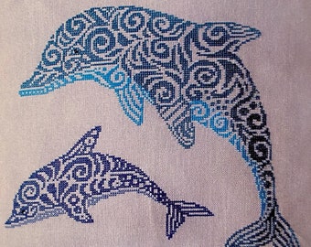 Cross Stitch Kit, "Dolphin", Danish Handcraft Guild, Haandarbejdets Fremme, contemporary design, blue dolphins, marine life, pillow cover