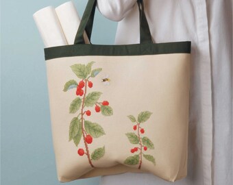 Cross Stitch Kit tote bag "Bee and Berries" hand sewing project semi finished lined bag elegant unique eco shopping bag unique crafting gift