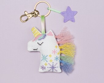 DIY Backpack Charm Craft Kit "Unicorn" learn cross stitch embroidery sewing fun beginner make your own keychain cute stocking stuffer gift