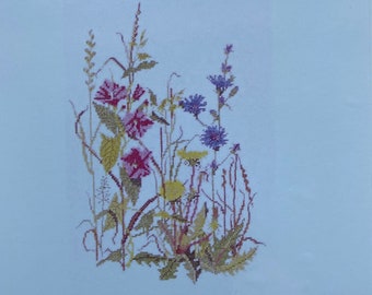 Cross Stitch Kit, 'Grøftekant", Danish Handcraft Guild Haandarbejdets Fremme, wild flower, Danish floss Scandinavian artist colorful blossom