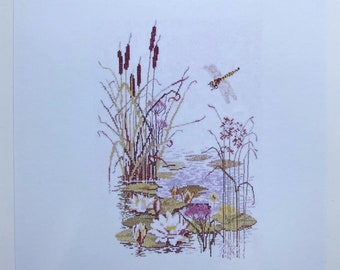 Cross Stitch Kit, "Vandplanter" Danish Handcraft Guild Haandarbejdets Fremme wild flower aquatic plants pond view shoreline wetland blossom