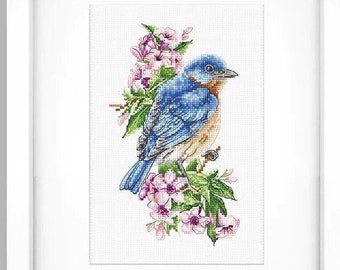 Cross Stitch Kit, "Blue Bird on Branch", backyard bird, floral, garden cross stitch, Luca-S brand