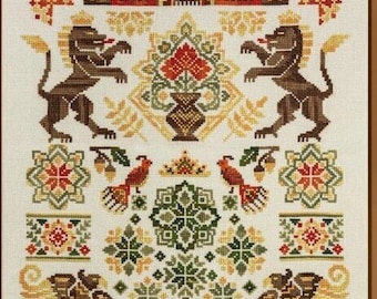 Cross Stitch Printed Pattern, “Red Castle Guardians”, Owlforest Embroidery, medieval animal, lion griffin bird, floral border tower sampler