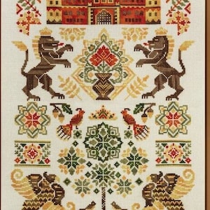 Cross Stitch Printed Pattern, “Red Castle Guardians”, Owlforest Embroidery, medieval animal, lion griffin bird, floral border tower sampler