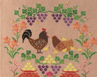 Cross Stitch Kit, "Fruitful Life with Family", wall hanging scroll kit, autumn, harvest, chicken family sampler, symbolizing prosperity