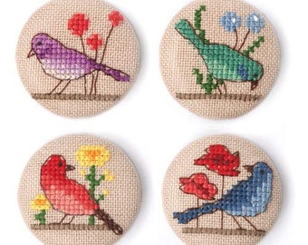 DIY Pin-Making Kit, counted cross stitch, fun beginner project, birds, unique arts crafts activity, great gift, Xiu Crafts, fun craft kit