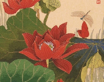 Counted Cross Stitch Kit, "Red Lotus", Xiu Crafts, beautiful original watercolor art, lotus, dragonfly, water garden, tall narrow wall art