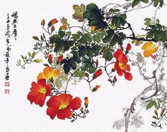 Cross Stitch Kit, "Summer Breeze", trumpet creeper, red flower summer garden floral cross stitch Xiu Crafts classic oriental watercolor art