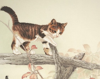 Counted Cross Stitch Kit, "Kitty on Branch", cat cross stitch, oriental watercolor art, unique cross stitch, autumn cross stitch, Xiu Crafts