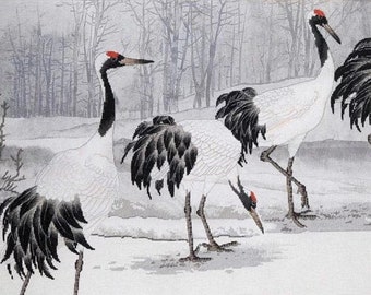 Cross Stitch Kit, "Dancing on the Snowy Field", Xiu Crafts, red-crowned crane in wintry field, symbolizing good luck, oriental cross stitch