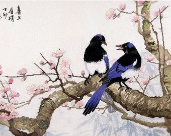 Cross Stitch Kit, "Blue Magpies on Plum Tree", oriental cross stitch, watercolor, spring, bird, blossom, wedding, anniversary, love, luck