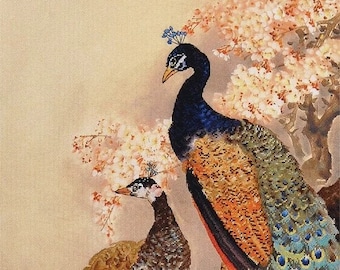 Cross Stitch Kit, "Peacocks", large peacock counted cross stitch oriental art, printed background cherry blossom love wedding Xiu Crafts