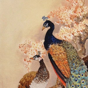Cross Stitch Kit, &quot;Peacocks&quot;, large peacock counted cross stitch oriental art, printed background cherry blossom love wedding Xiu Crafts