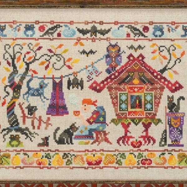 Cross Stitch Kit "October Mood" OwlForest Embroidery Tales of Baba Yaga autumn Halloween black cat owl bat foliage house on chicken legs