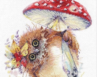 Cross Stitch Kit, "Umbrella for Owl", cute animal cross stitch, counted, Evgeniya Solovieva painting, owlet, toadstool, fun cross stitch