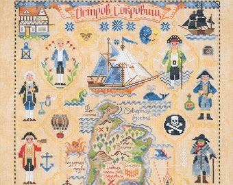 Cross Stitch Set Owlforest Embroidery "Treasure Island"  2023 SAL free digital chart pirate island map story sailboat story floss and fabric