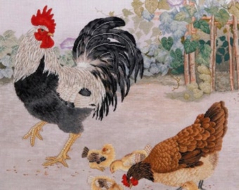 Cross Stitch Kit, "The Harmonious Chicken Family", large oriental embroidery art, family love, rooster, hen, chicks, farm house, Xiu Crafts