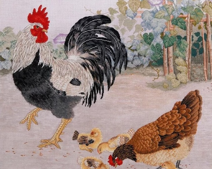 Featured listing image: Cross Stitch Kit, "The Harmonious Chicken Family", large oriental embroidery art, family love, rooster, hen, chicks, farm house, Xiu Crafts