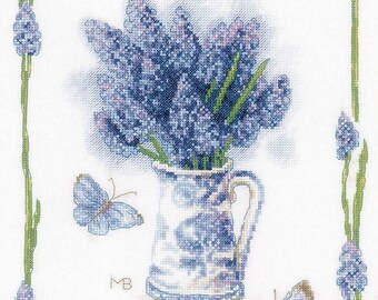 Cross Stitch Kit, "Blue Grapes", Marjolein Bastin, purple bouquet, blue pitcher, butterfly, feather, floral, garden cross stitch, Lanarte