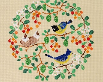 Cross Stitch Kit, "Thrush and Finch", Xiu Crafts, wildlife, exotic bird, vine wrath, modern cross stitch, high quality, great gift