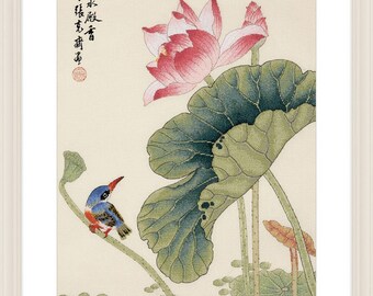 Counted Cross Stitch Kit, "Lotus Fragrance", Xiu Crafts, lotus, bird, oriental fine art, water garden, solitude, vibrant colors, elegant