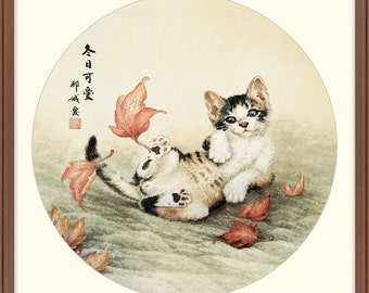 Counted Cross Stitch Kit,  "Kitty Playing", Xiu Crafts, original watercolor art, red leaf, cat, kitten, premium quality, winter cross stitch