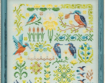 Cross Stitch "Kingfishers" OwlForest Embroidery kingfisher water bird wetland plants flowers sampler printed pattern hand-dyed floss