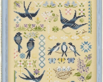 Cross Stitch "Swallows" OwlForest Embroidery backyard bird series beautiful swallow bird nest baby birds lilac flora garden border sampler